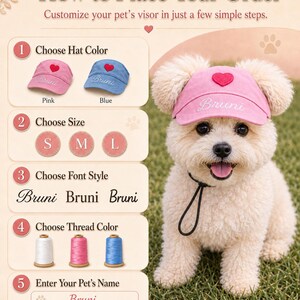 May include: An instructional graphic titled How to Place Your Order for a pet visor. It displays options for hat colors in pink and blue, sizes S, M, and L, three font styles, and three thread colors. A small dog wears a pink visor with a red heart.