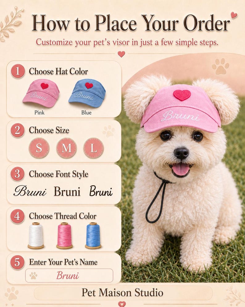 May include: An instructional graphic titled How to Place Your Order for a pet visor. It displays options for hat colors in pink and blue, sizes S, M, and L, three font styles, and three thread colors. A small dog wears a pink visor with a red heart.