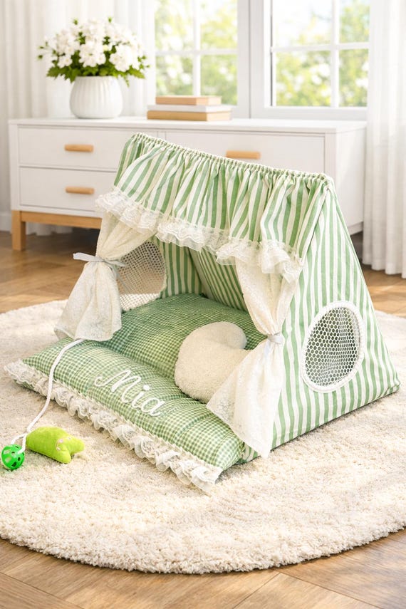 Personalized Cat Teepee Tent | Indoor Cat House | Custom Bed Embroidered Name, Washable Cover