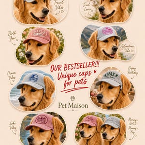 May include: A collection of eight baseball caps for dogs, featuring various colors like grey, pink, and red. Each cap displays custom text such as Charlie, Max, or Bella, along with graphic designs like waves, mountains, and trees. The caps include chin straps.