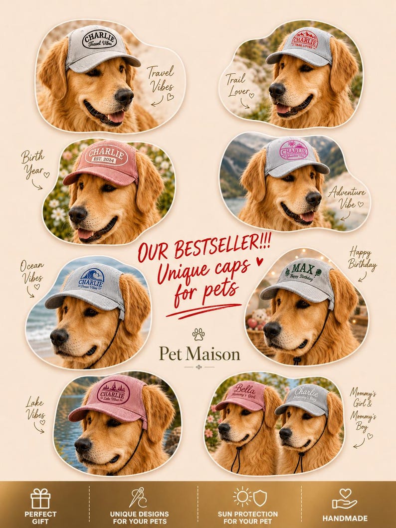May include: A collection of eight baseball caps for dogs, featuring various colors like grey, pink, and red. Each cap displays custom text such as Charlie, Max, or Bella, along with graphic designs like waves, mountains, and trees. The caps include chin straps.