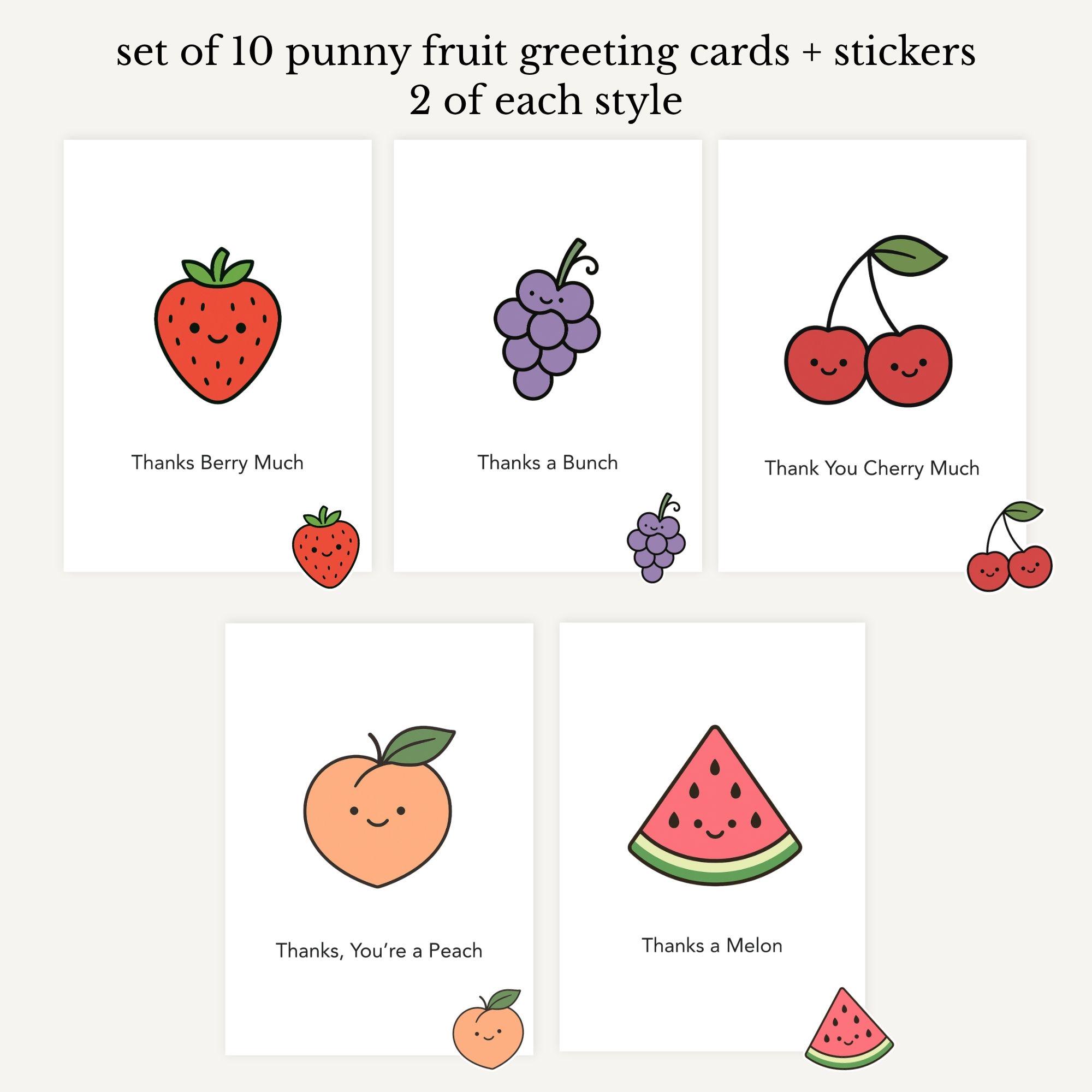 Punny Fruit Thank You Cards - 10 Card Set with Stickers