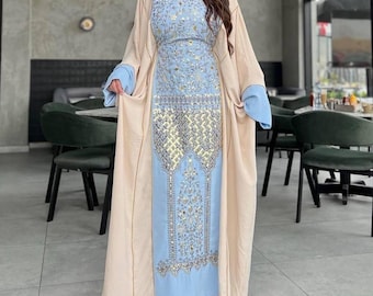 Embroidered Linen Kaftan Dress Light Blue & Beige Maxi Abaya