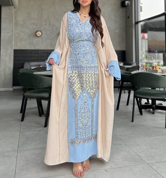 Embroidered Linen Kaftan Dress Light Blue & Beige Maxi Abaya