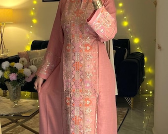 Bestickter Leinen Maxi Kaftan Elegantes Kleid Metallic Detail Maxi Kaftan
