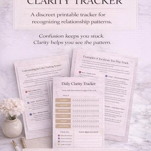 May include: A printable "Discreet Clarity Tracker" with worksheets and guides for recognizing relationship patterns. Includes a daily tracker, color-coded system, and incident examples. The design is a digital download.