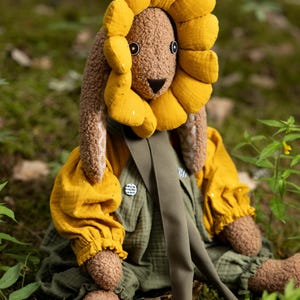Handmade Bunny Doll with Flower Bow - Waldorf Plush Rabbit - Nature Inspired Stuffed Animal - Heirloom Gift for Child - Forest Soft Toy