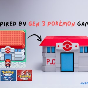 May include: A miniature, white and red building inspired by Gen 3 Pok&eacute;mon games. The building has a red roof, blue door, and the letters "P.C." on the side. The image also includes the text "Inspired by Gen 3 Pok&eacute;mon Games" and the logos of the Pok&eacute;mon games.