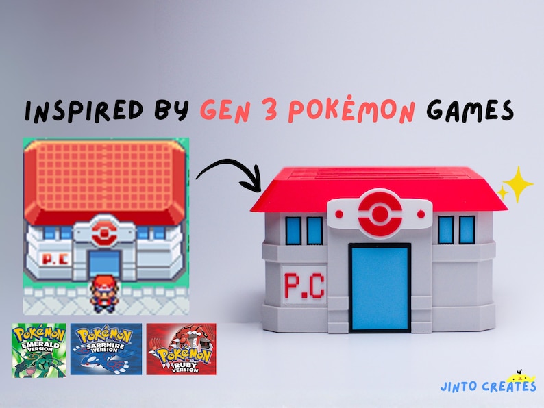 May include: A miniature, white and red building inspired by Gen 3 Pok&eacute;mon games. The building has a red roof, blue door, and the letters "P.C." on the side. The image also includes the text "Inspired by Gen 3 Pok&eacute;mon Games" and the logos of the Pok&eacute;mon games.