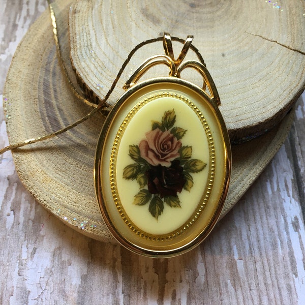 Gift for her, vintage jewelry, Victorian necklace with pink and maroon roses. Elegant, beautiful oval, gold tone flower gift for mom