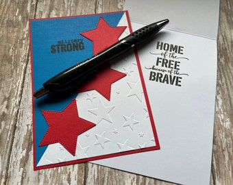 Armed forces note card set. Thank you, appreciation, all occasion star cards. Welcome home, American flag, handmade, patriotic, service.