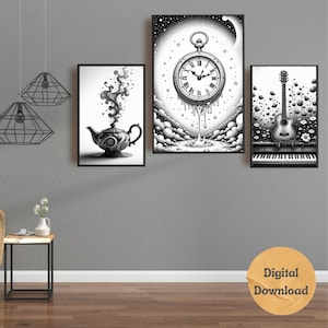 May include: Black and white wall art set featuring three framed prints. One print shows a teapot with swirling steam, another a pocket watch melting into clouds, and the third a guitar on a piano. The art is labeled "Digital Download".