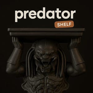 Puede incluir: Estante negro sostenido por una figura de Depredador. El estante es rectangular y el Depredador tiene una cara detallada y amenazante con las mandíbulas abiertas. La palabra "predator" está encima del estante, y "SHELF" está en una etiqueta marrón.