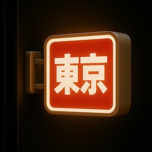 May include: A square, illuminated sign with the Japanese characters for "Tokyo" in white against a red background. The sign has a cream-colored border and is mounted on a dark surface.
