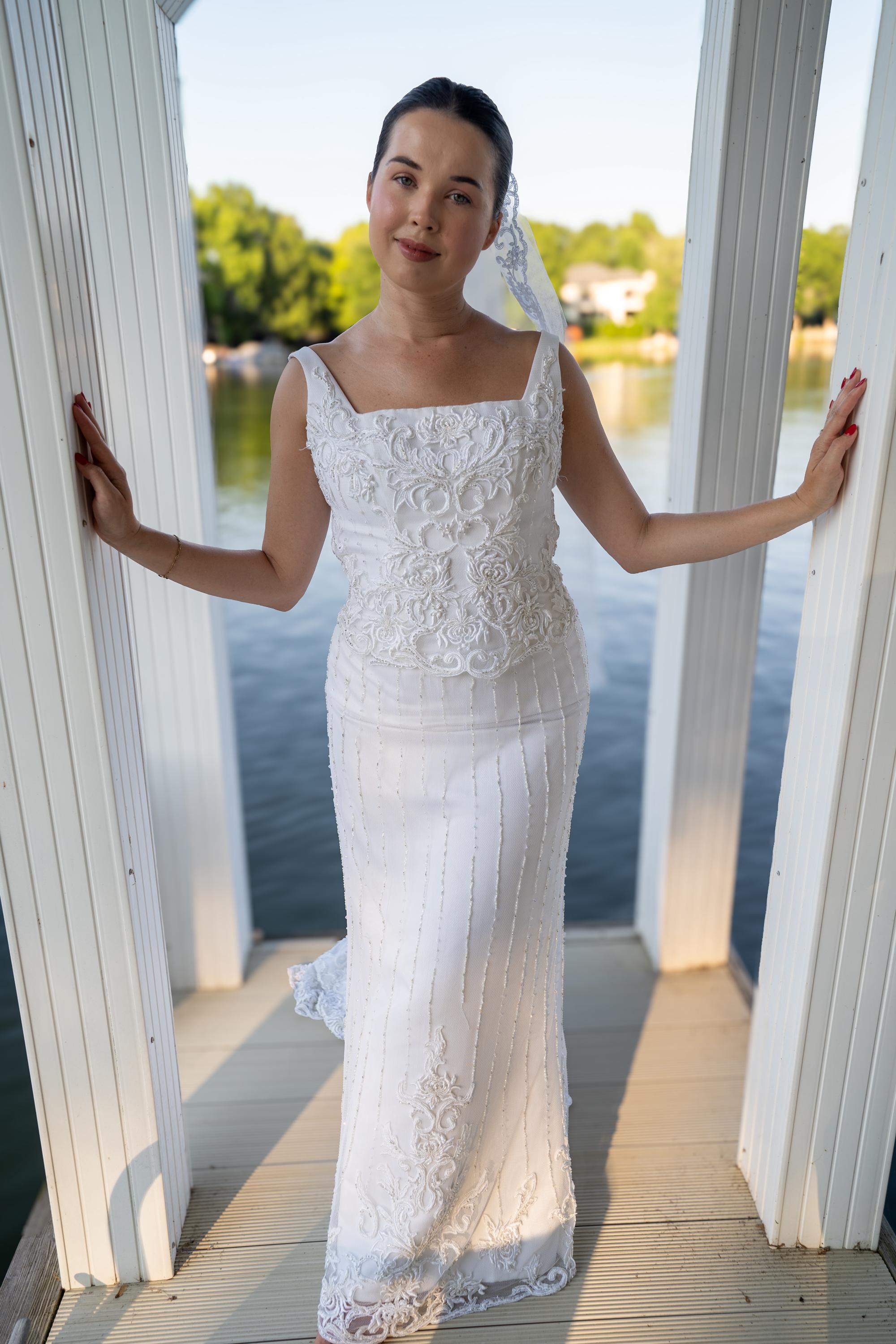 vintage lace beaded wedding dress Vintage Rustic Wedding Dress V Neck Beaded Lace Bridal Gown WD351 US2 / Ivory