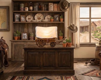 Lámpara de estilo carreta cubierta de mediados de siglo (años 50) / Lámpara de TV de estilo americano del oeste / Decoración rústica de estilo pionero para habitación infantil