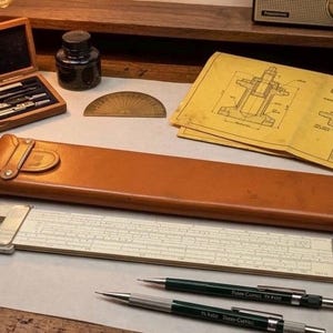 Puede incluir: Un conjunto de herramientas de dibujo vintage, que incluye una regla de cálculo, compases y lápices. El conjunto incluye una caja de madera, un estuche de cuero y dibujos técnicos. Los elementos están dispuestos sobre un escritorio.