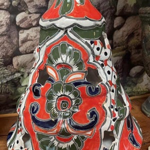Vintage Talavera Christmas Tree Luminary | Hand Painted Mexican Pottery Candle Holder | Vibrant Orange & Green Folk Art Holiday Decor