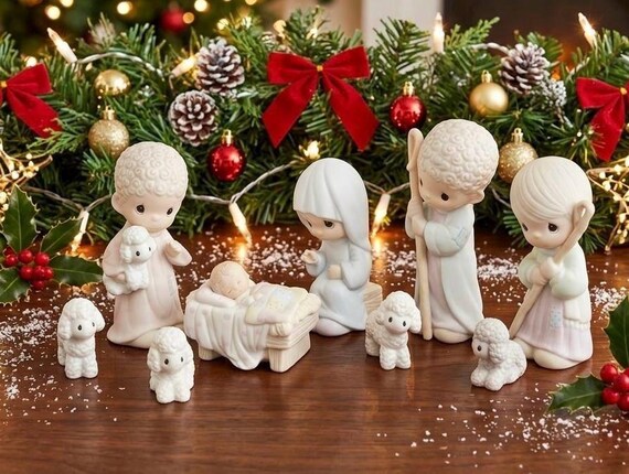 1986 Precious Moments Nativity Set "Come Let Us Adore Him" #104000 | Pristine 9pc Porcelain Bisque Holiday Display, Original Fitted Box READ