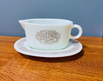 Vintage Pyrex Gravy Boat and Dish - Woodland Brown Floral -  77-B and 77-U