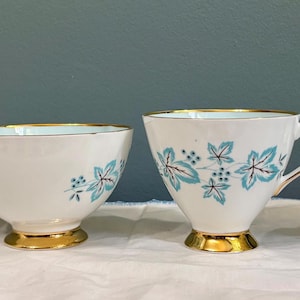 Vintage Clare benporslin kaffeservis: Blå lönnlöv, engelskt samlarobjekt