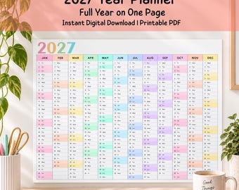 Agenda murale annuale 2027 stampabile, calendario arcobaleno, formato A3, A4, A5 PDF, panoramica annuale, download immediato.