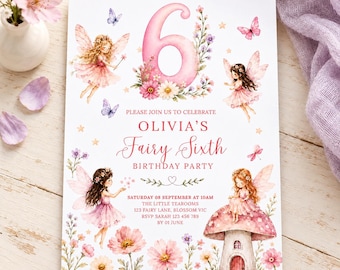 Fairy 6th Birthday Invitation, Editable Canva Template, Pink Watercolor Fairy Party Invite
