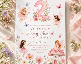 Uitnodiging voor een tweede verjaardag met feeënthema, bewerkbare Canva-sjabloon, roze aquarel feeënfeestuitnodiging