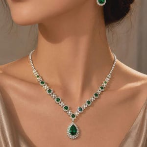 Conjunto de joyas verde esmeralda, collar y pendientes de cristal, joyería nupcial, regalo de boda para ella.