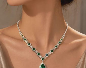 Conjunto de joyas verde esmeralda, collar y pendientes de cristal, joyería nupcial, regalo de boda para ella.