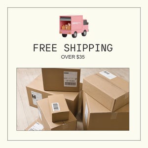 The image is a promotional advertisement for free shipping, featuring a pink delivery truck and several cardboard boxes.