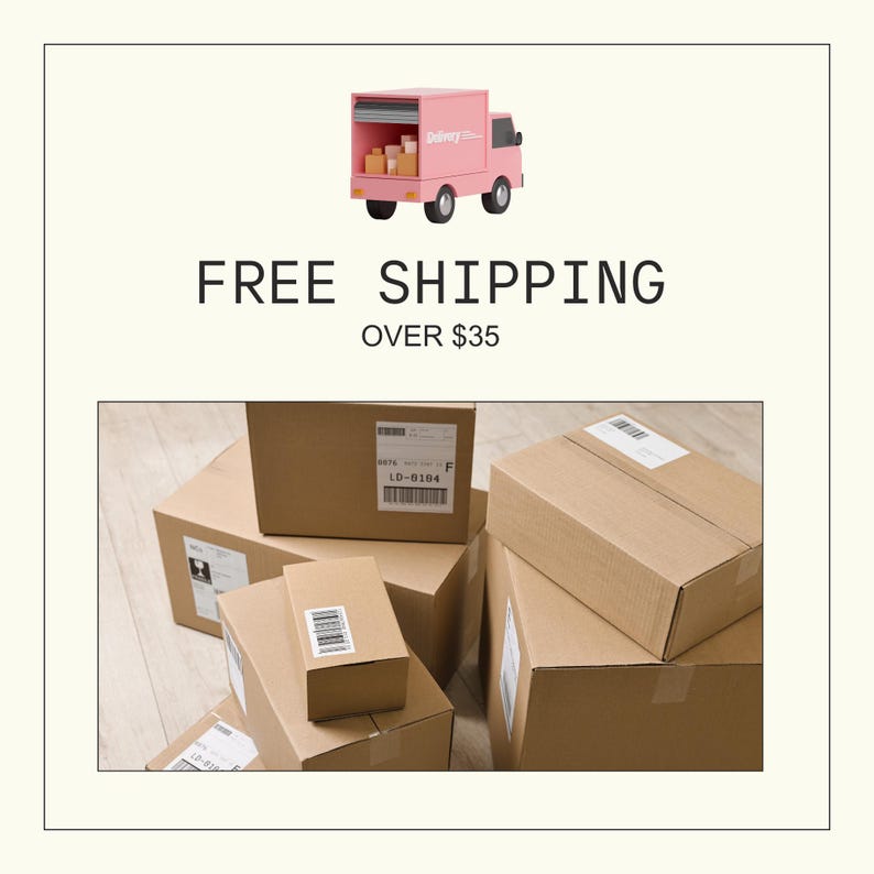 The image is a promotional advertisement for free shipping, featuring a pink delivery truck and several cardboard boxes.