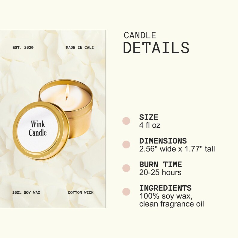 The image is a collage of several images, including a candle in a tin and a candle in a jar, along with some text providing details about the candle.