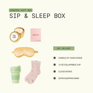 a curated gift box containing various items such as a candle, a sleep mask, a cup, and a pair of socks.