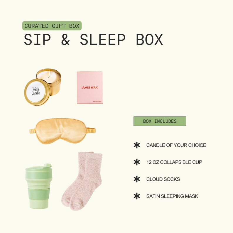 a curated gift box containing various items such as a candle, a sleep mask, a cup, and a pair of socks.