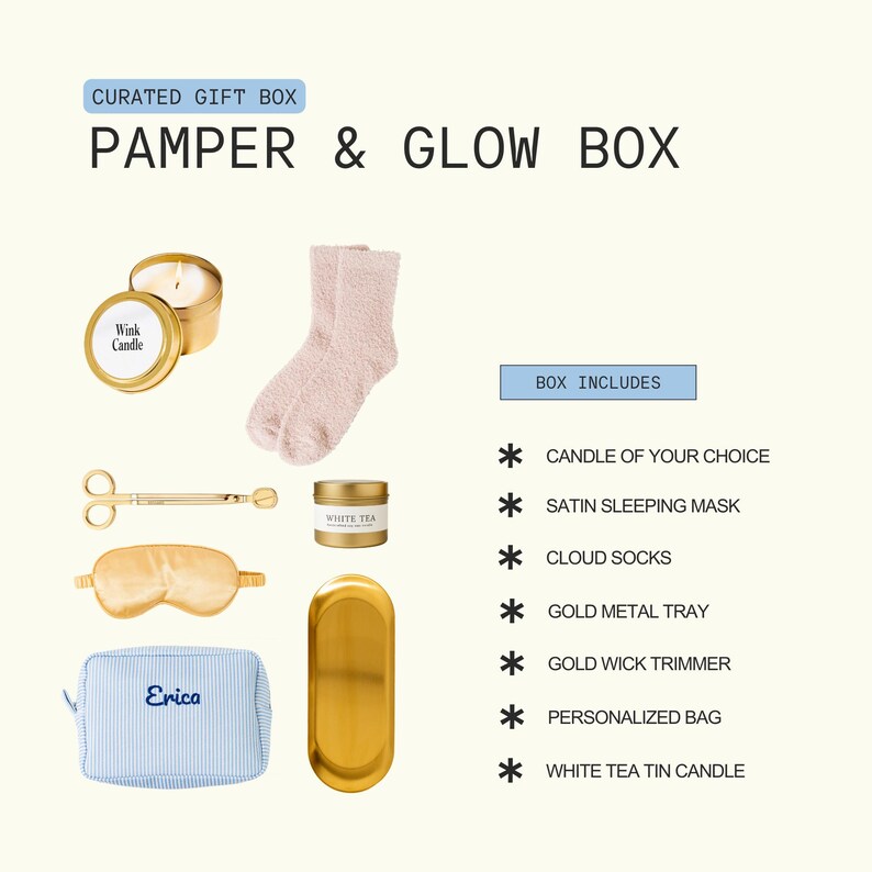 The image is a curated gift box containing various items such as a candle, a pair of socks, a pair of scissors, a white tea tin, and a personalized bag.