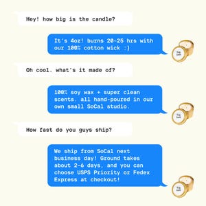 three blue chat bubbles with text and images related to candles. The chat bubbles are arranged in a row, with the first two being larger than the third.