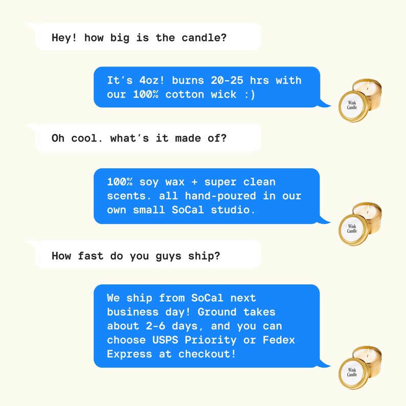 three blue chat bubbles with text and images related to candles. The chat bubbles are arranged in a row, with the first two being larger than the third.