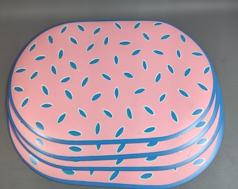 Vintage Marimekko Vinyl Placemats Oval Pink Blue Abstract "Sprinkles" MCM 1970s