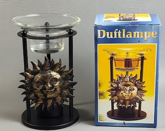Vintage Duftlampe Celestial Sun Oil & Candle Warmer Tea Light Bronze Black 90s