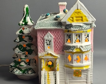 Vintage Dept 56 Snow Village Victorian House 50070 Pink White 1977 W/ Light