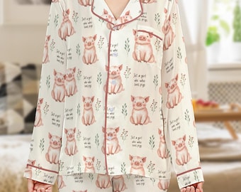 All-over Print Satin Pajamas Set: Pig Lover Sleepwear, Gift for Pig Enthusiast