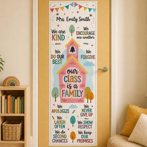 Könnte beinhalten: Ein vertikaler Tür-Aufkleber mit dem Text Mrs. Emily Smith und Our Class is a Family, umgeben von bunten Illustrationen einer Schule, Bäumen und Wimpeln. Das Design enthält motivierende Sätze wie We are KIND und We do our BEST.