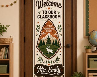 Personalized Linen Door Tapestry: Woodland Classroom Welcome Banner, Mountain Wildlife Adventure Decor