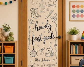Personalized Linen Door Tapestry: Western First Grade Classroom Banner, Cowboy Doodle School Decor
