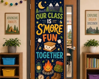 Personalized Linen Door Tapestry: Camping Classroom Banner, S'mores Outdoor Adventure Decor
