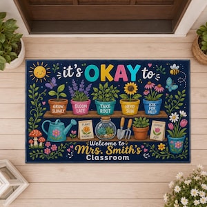 Custom Botanical Classroom Doormat: Navy Rectangular Floor Mat, Motivational Garden Theme