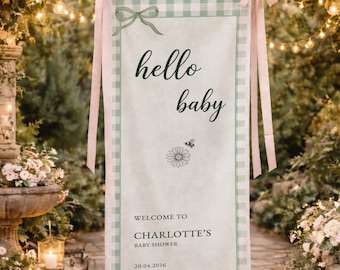 Personalized Baby Shower Welcome Sign: Green Gingham Cotton Linen Banner