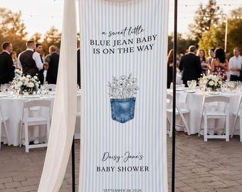 Personalized Blue Jean Baby Shower Banner: Custom Denim Theme Cotton Linen Tapestry