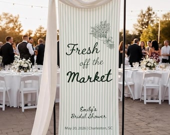 Personalized Fresh Off The Market Cotton Linen Tapestry:  Bridal Shower Welcome Sign, Wedding Decor